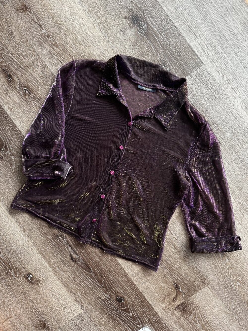 Vintage 90s Sheer Iridescent Mesh Blouse Purple Metallic Button Front Top S